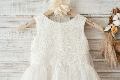 Ivory Lace Tulle Wedding Flower Girl Dress with Big Bow