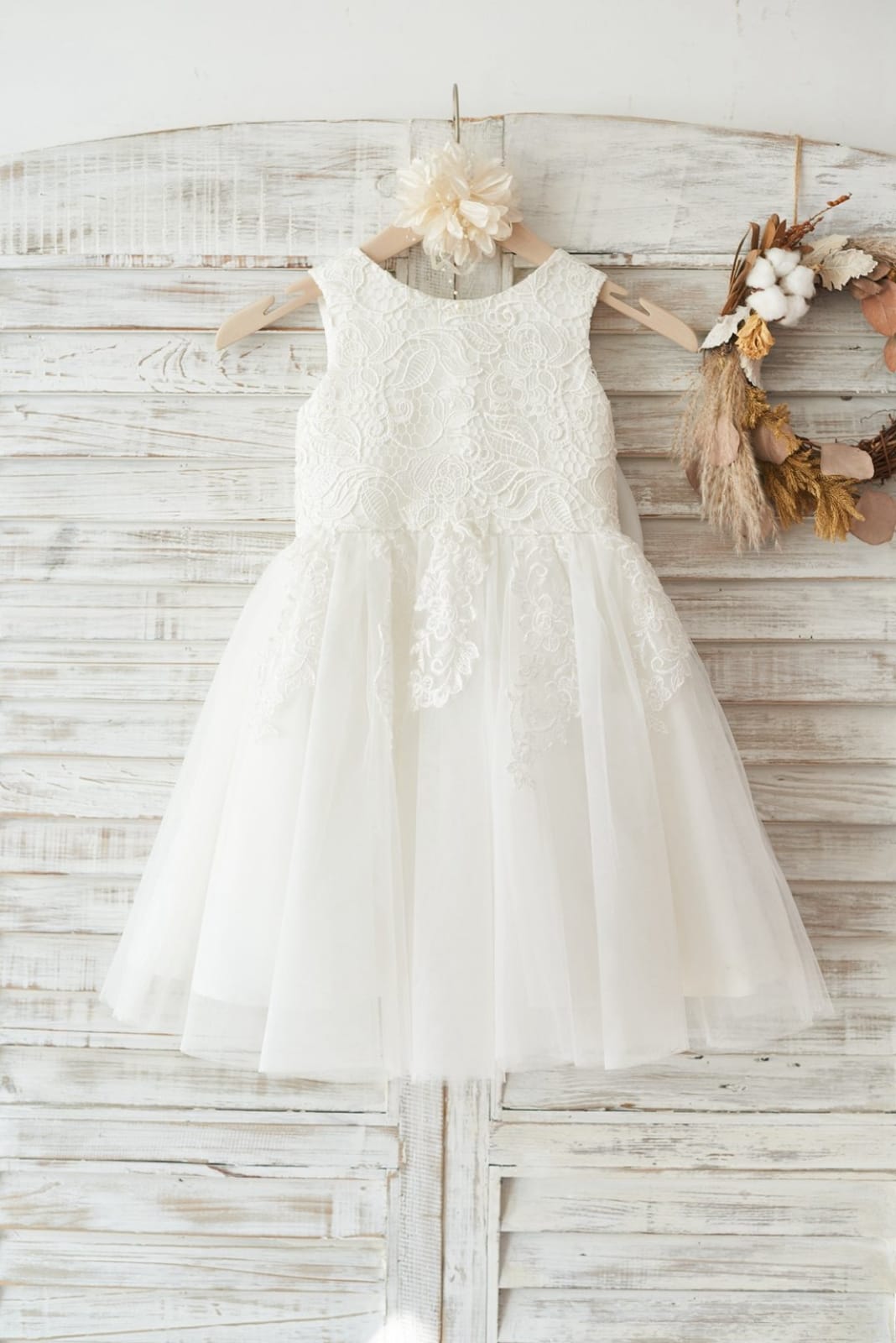 Ivory Lace Tulle Wedding Flower Girl Dress with Big Bow