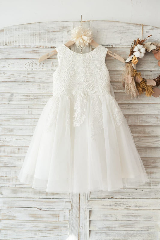 Ivory Lace Tulle Wedding Flower Girl Dress with Big Bow