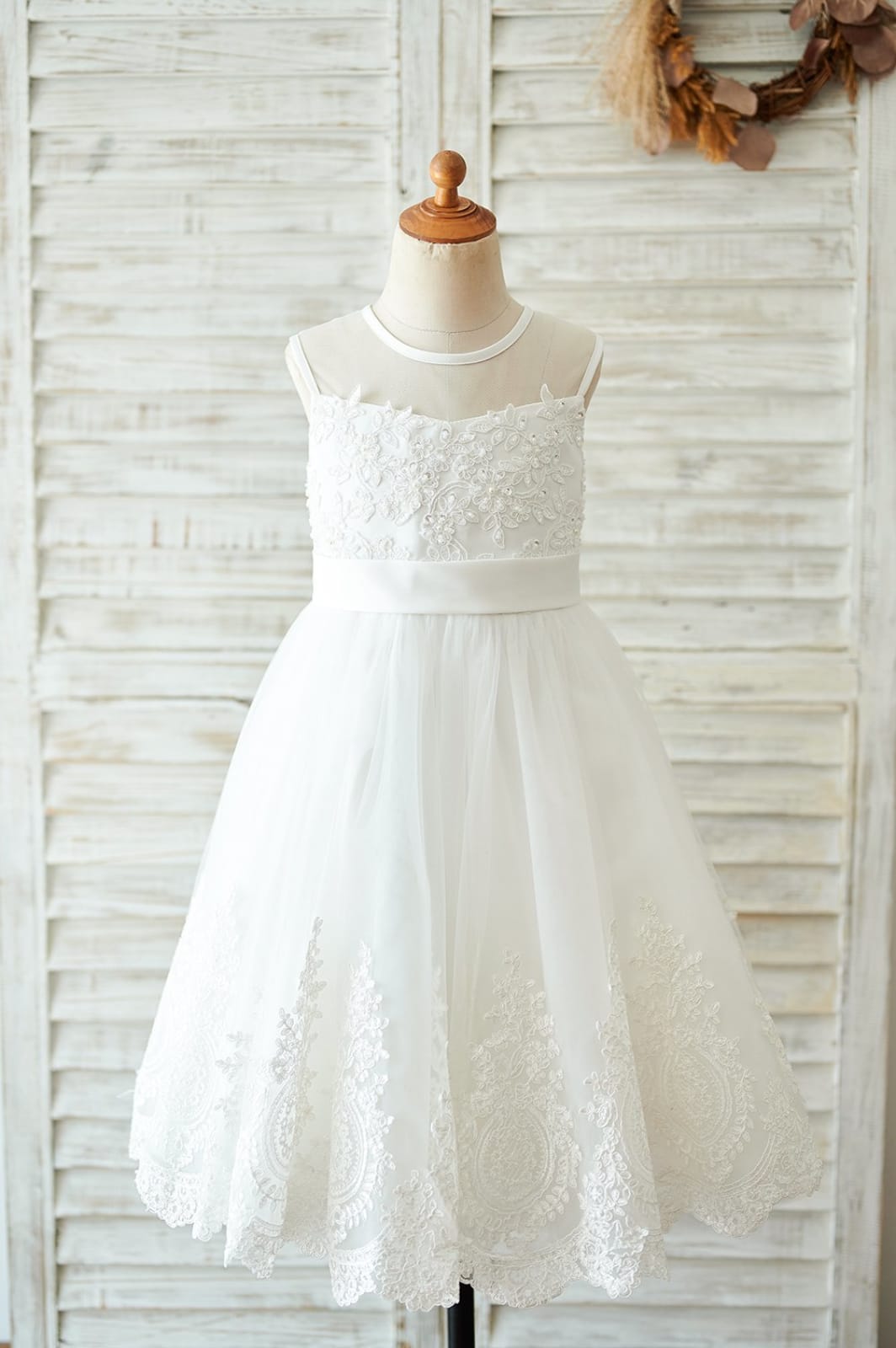 Ivory Lace tulle Wedding Flower Girl Dress with bows