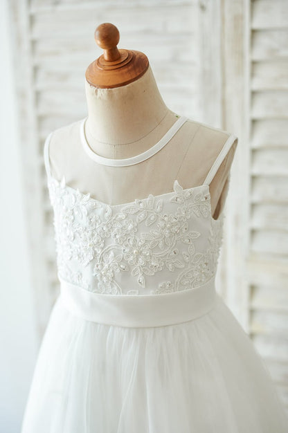 Ivory Lace tulle Wedding Flower Girl Dress with bows