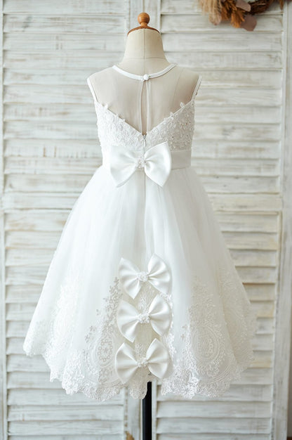 Ivory Lace tulle Wedding Flower Girl Dress with bows