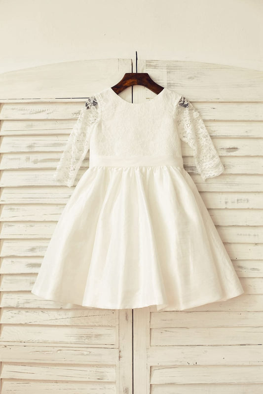 Ivory Long Lace Sleeves Taffeta Flower Girl Dress