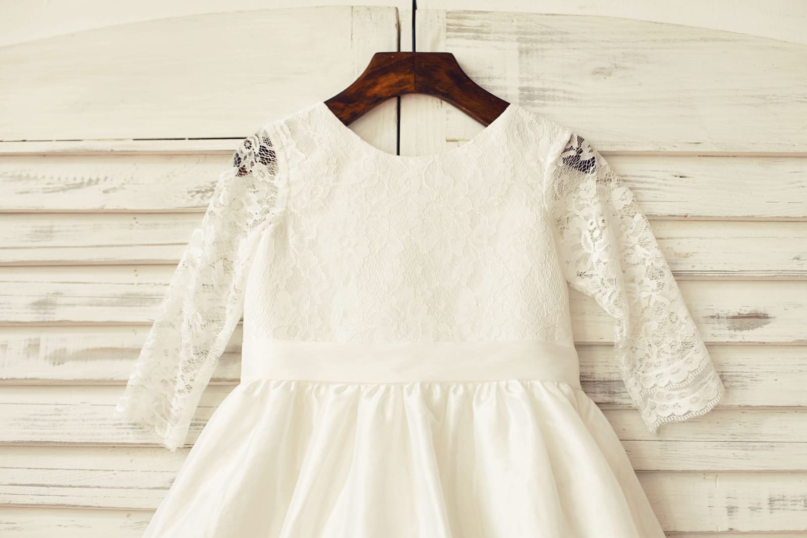 Ivory Long Lace Sleeves Taffeta Flower Girl Dress