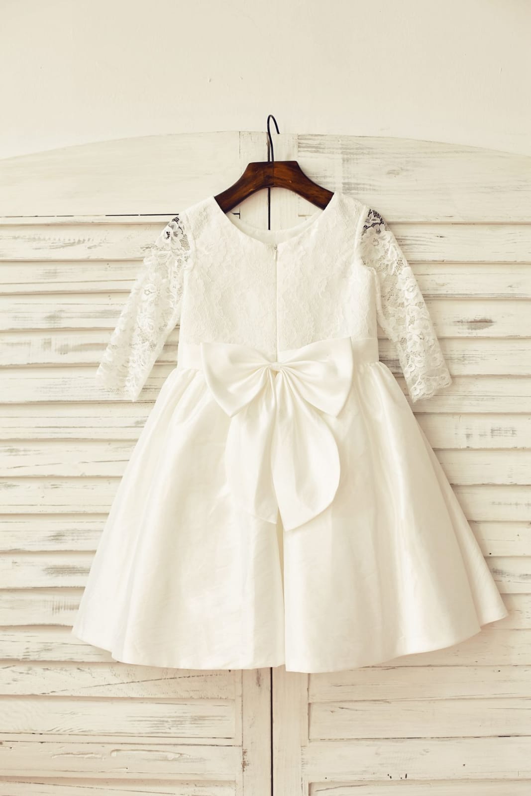 Ivory Long Lace Sleeves Taffeta Flower Girl Dress