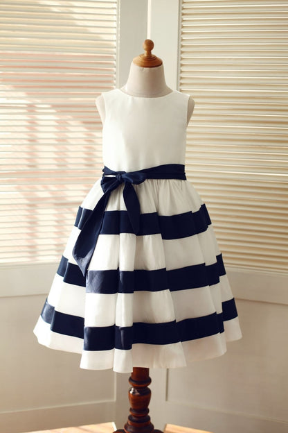 Ivory / Navy Blue Taffeta Striped Wedding Flower Girl Dress