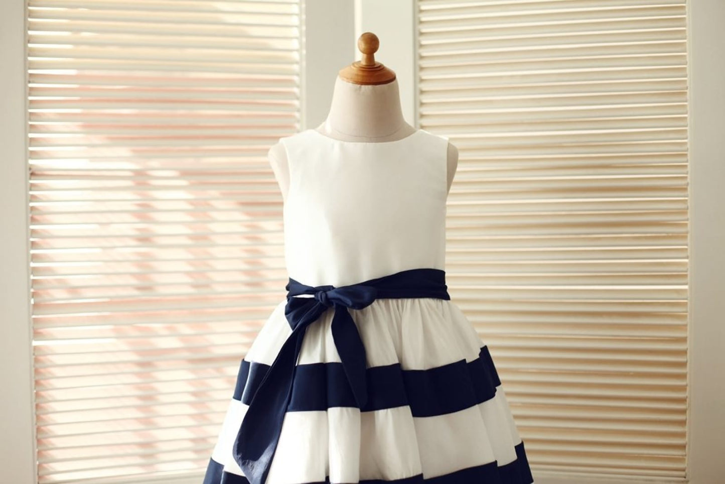 Ivory / Navy Blue Taffeta Striped Wedding Flower Girl Dress