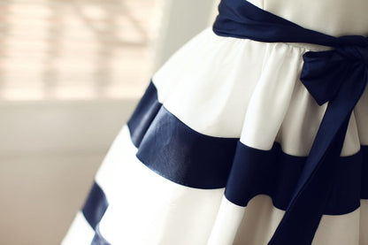 Ivory / Navy Blue Taffeta Striped Wedding Flower Girl Dress