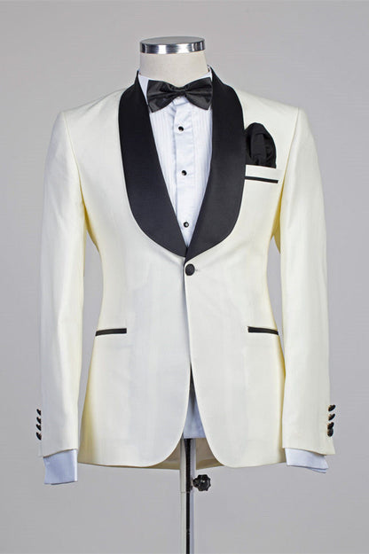 Ivory One Button Simple Slim Fit Wedding Suits with Black Lapel-showprettydress