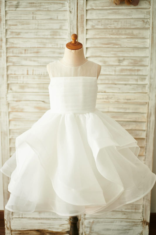 Ivory Organza V Back Wedding Flower Girl Dress