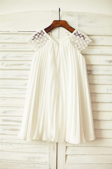 Ivory Pleated Chiffon Lace Flower Girl Dress with Cap 