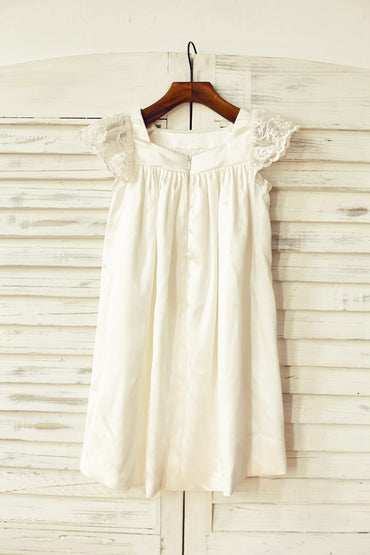 Ivory Satin Cap Sleeves Flower Girl Dress