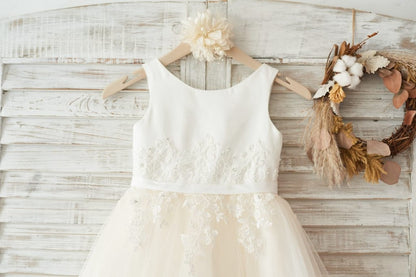 Ivory Satin Champagne Tulle Wedding Flower Girl Dress with 