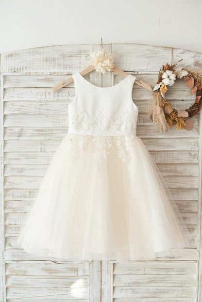 Ivory Satin Champagne Tulle Wedding Flower Girl Dress with 