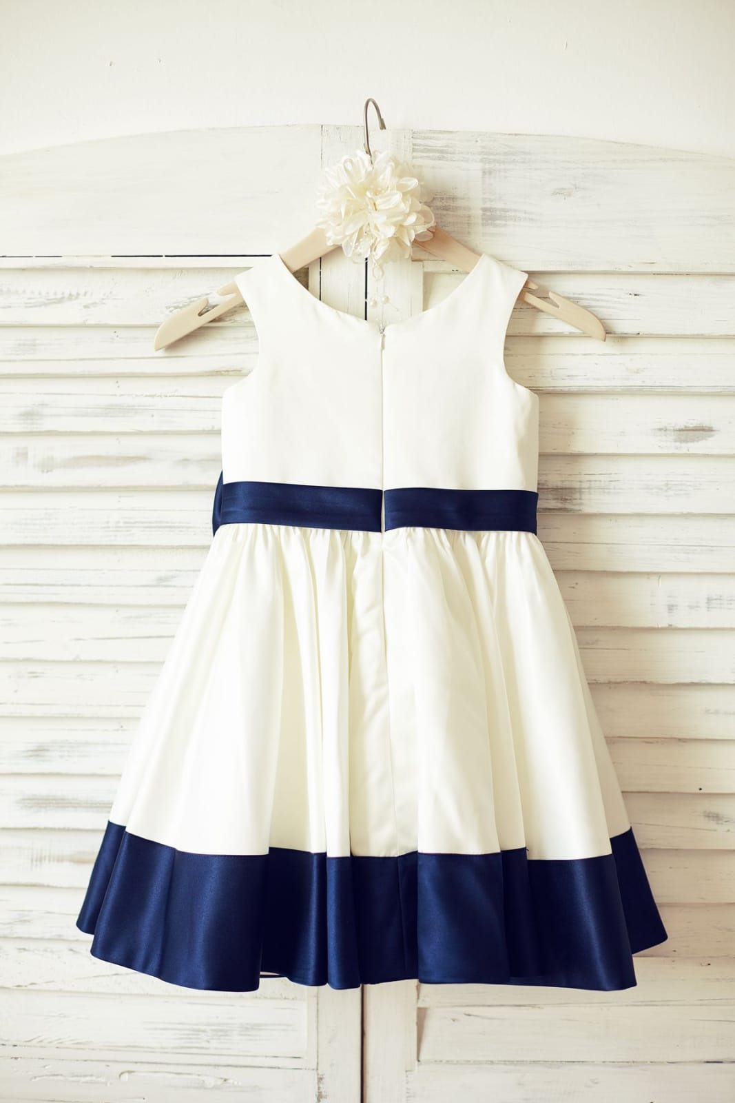 Ivory Satin Flower Girl Dress with Navy Blue Belt / Bow