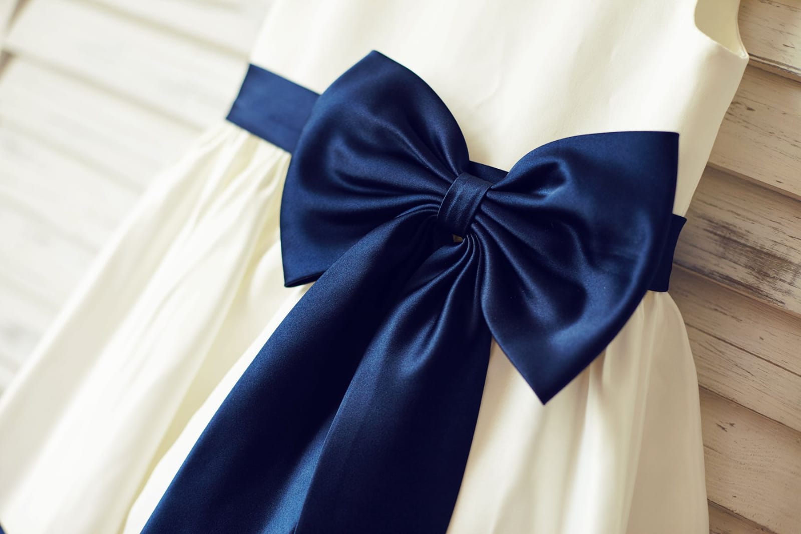 Ivory Satin Flower Girl Dress with Navy Blue Belt / Bow