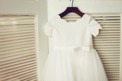 Ivory Satin Lace Tulle Wedding Flower Girl Dress with Short 