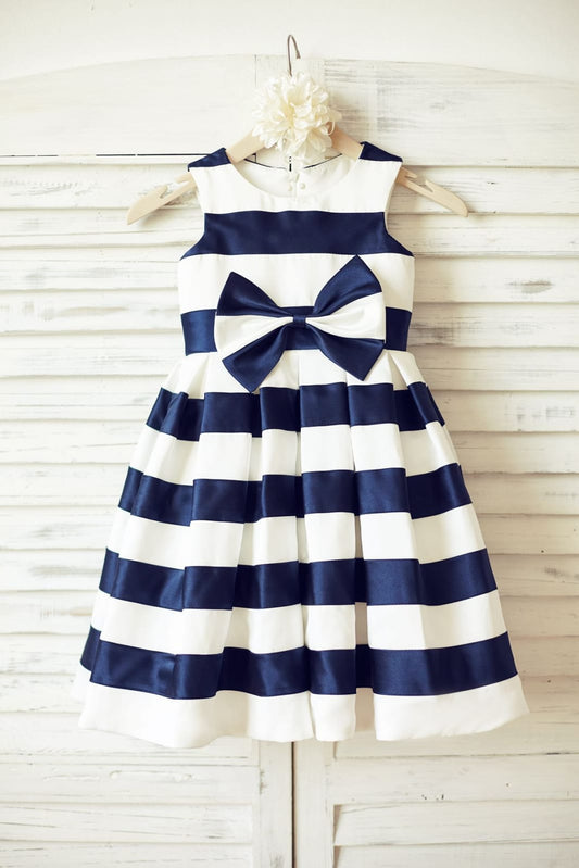 Ivory Navy Blue Stripes Satin Flower Girl Dress with Bow