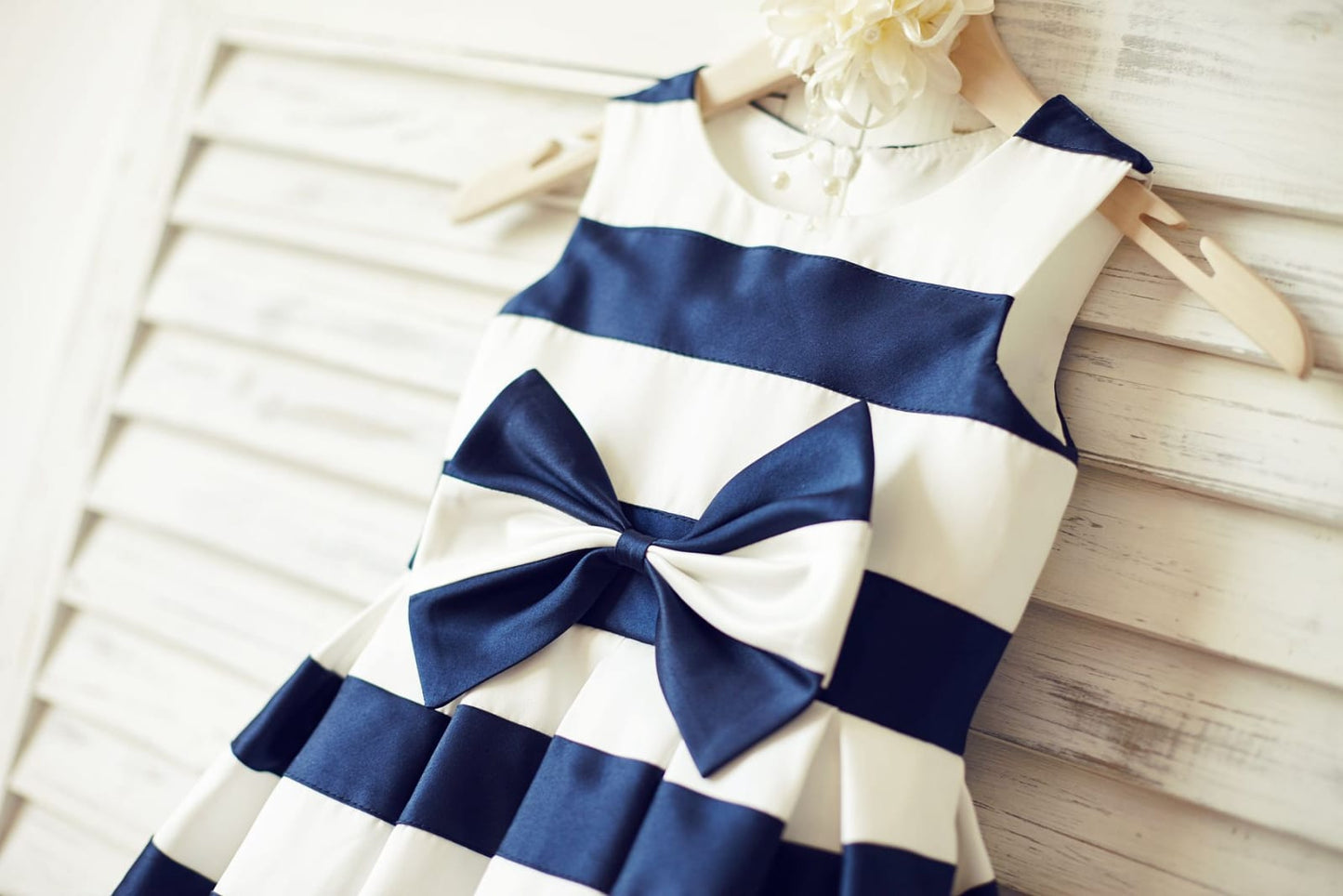 Ivory Navy Blue Stripes Satin Flower Girl Dress with Bow