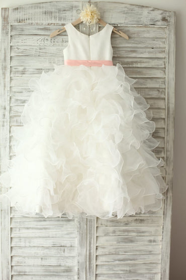 Ivory Satin Ruffle Organza Skirt TUTU Princess Flower Girl 