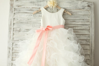 Ivory Satin Ruffle Organza Skirt TUTU Princess Flower Girl 