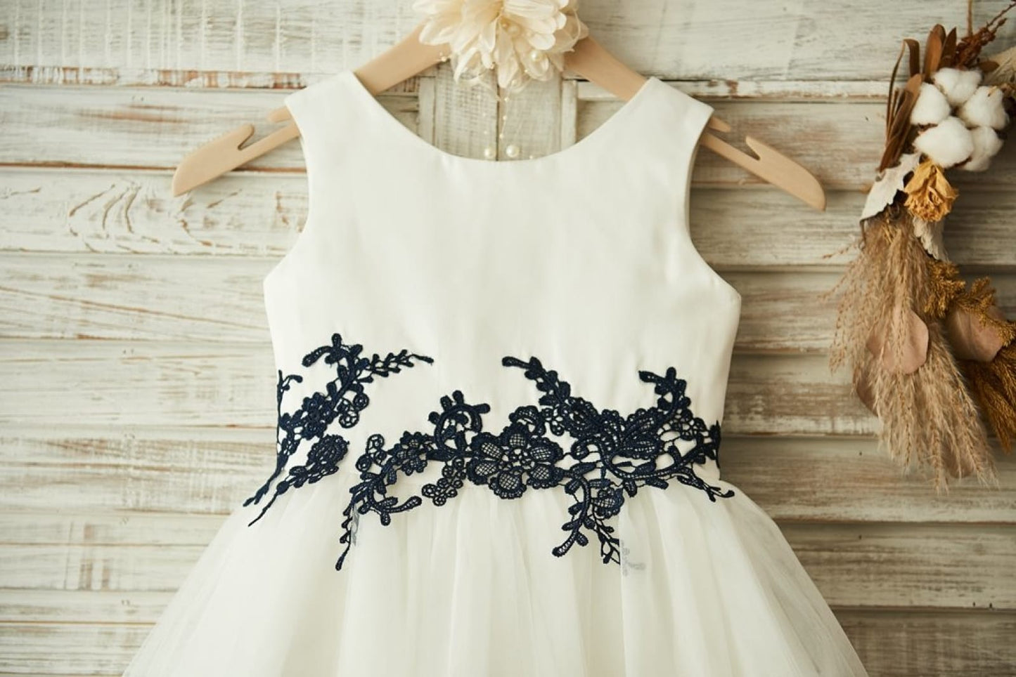 Ivory Satin Tulle Black Lace Wedding Flower Girl Dress