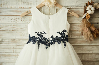 Ivory Satin Tulle Black Lace Wedding Flower Girl Dress