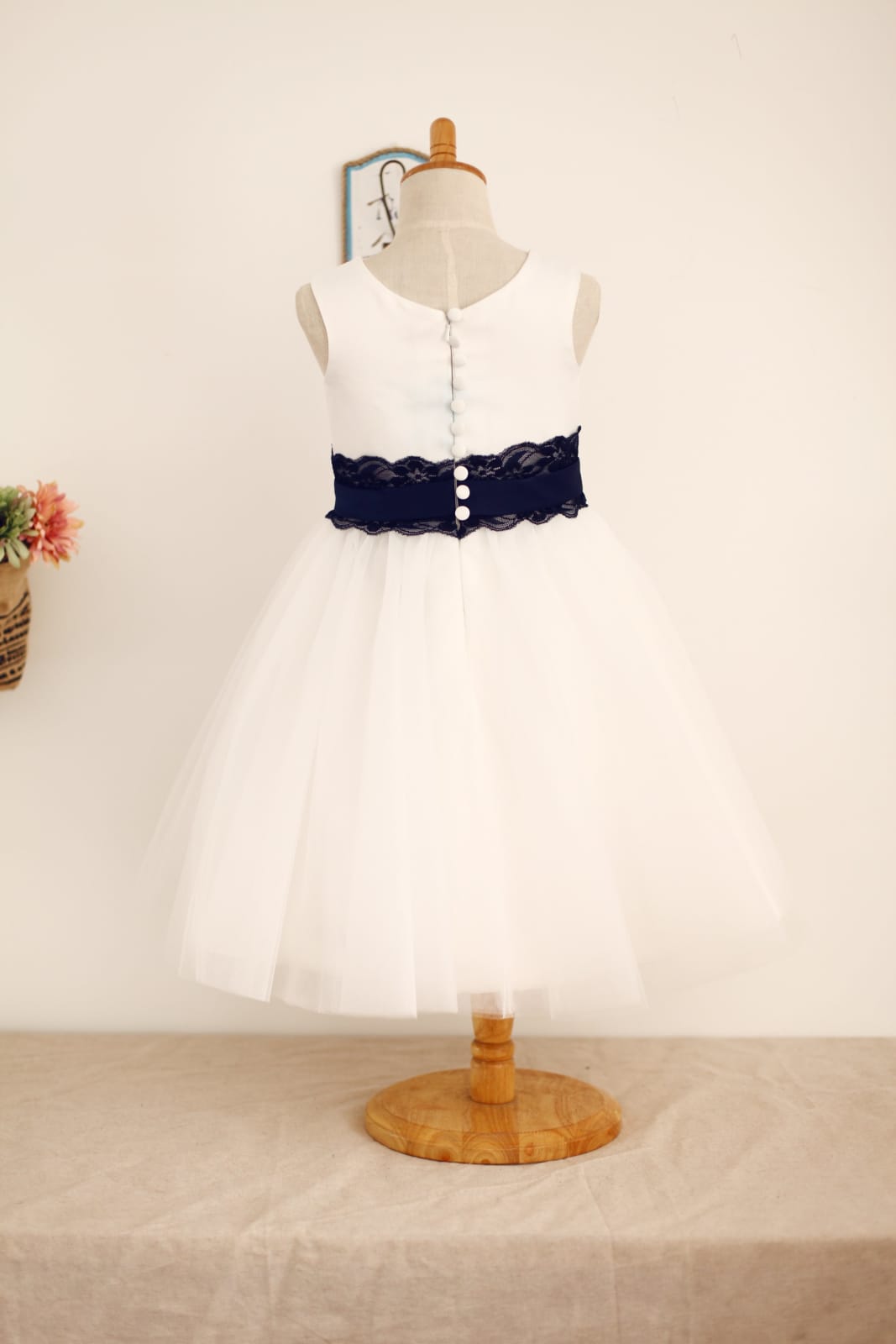 Ivory Satin Tulle Flower Girl Dress with Navy Blue Lace Sash