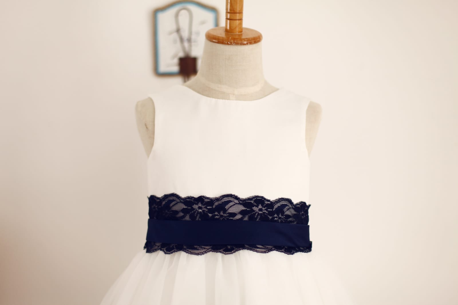 Ivory Satin Tulle Flower Girl Dress with Navy Blue Lace Sash