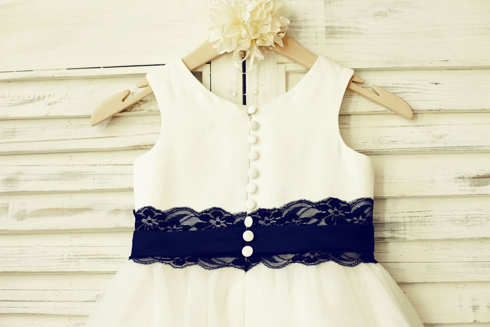 Ivory Satin Tulle Flower Girl Dress with Navy Blue Lace Sash