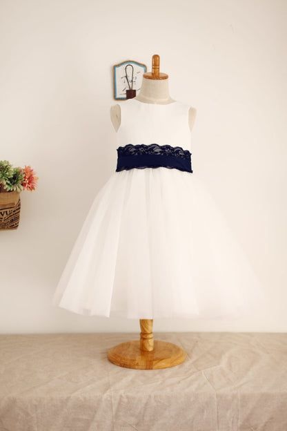 Ivory Satin Tulle Flower Girl Dress with Navy Blue Lace Sash