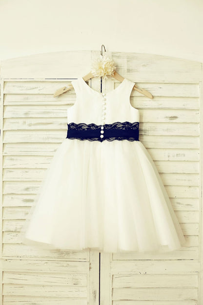 Ivory Satin Tulle Flower Girl Dress with Navy Blue Lace Sash