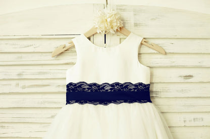 Ivory Satin Tulle Flower Girl Dress with Navy Blue Lace Sash