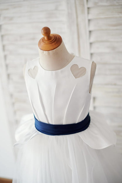 Ivory Satin Tulle Wedding Flower Girl Dress with Navy Blue 