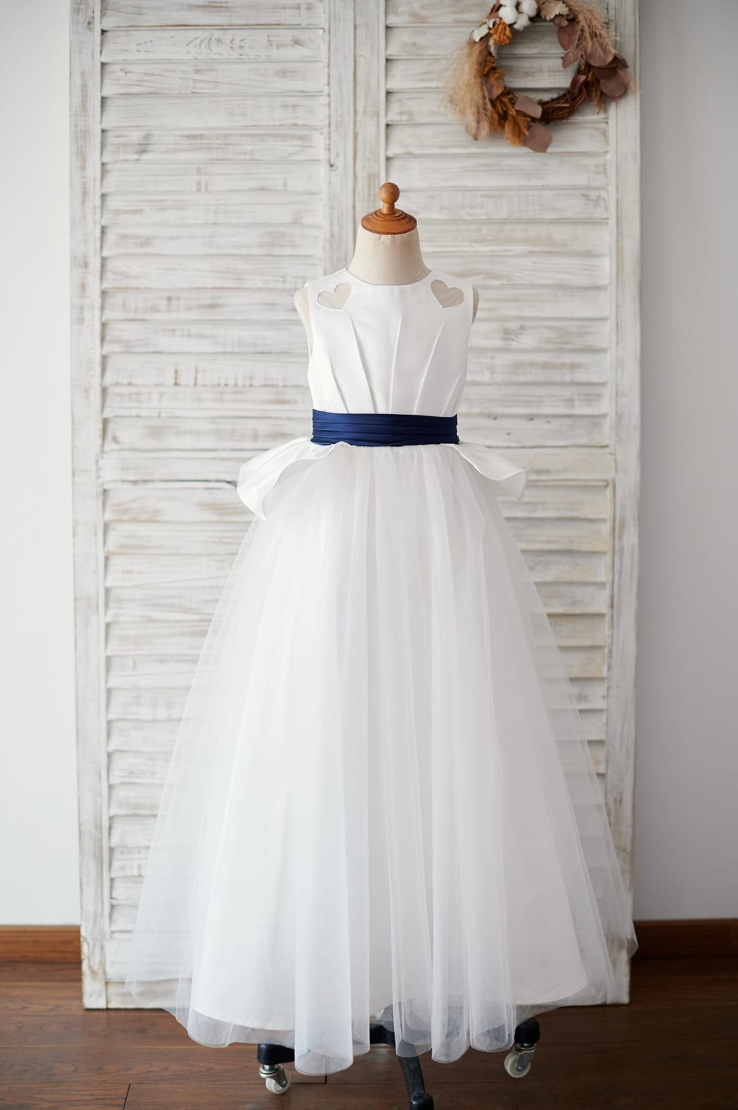 Ivory Satin Tulle Wedding Flower Girl Dress with Navy Blue 