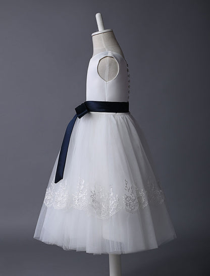 Ivory Tulle flower girl dress With Lace Applique And Navy Blue Sash-showprettydress