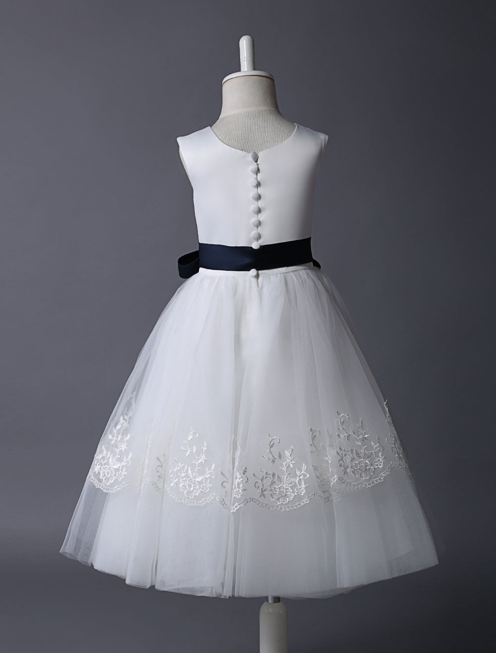 Ivory Tulle flower girl dress With Lace Applique And Navy Blue Sash-showprettydress