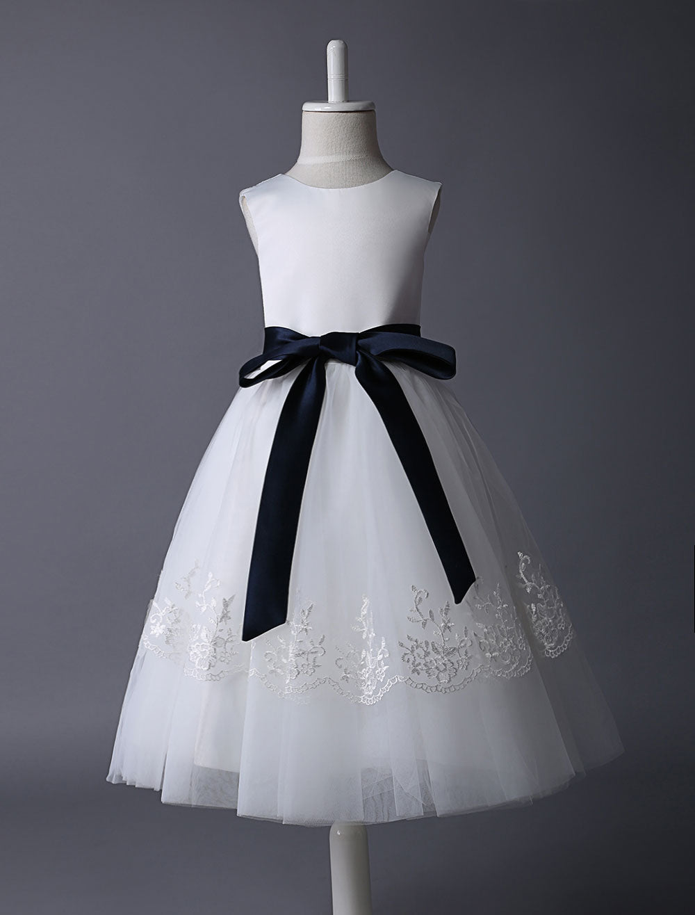 Ivory Tulle flower girl dress With Lace Applique And Navy Blue Sash-showprettydress