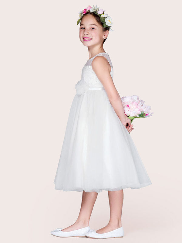 Ivory Tulle Jewel Neck Sleeveless A-Line Beaded Kids Social Party Dresses-showprettydress