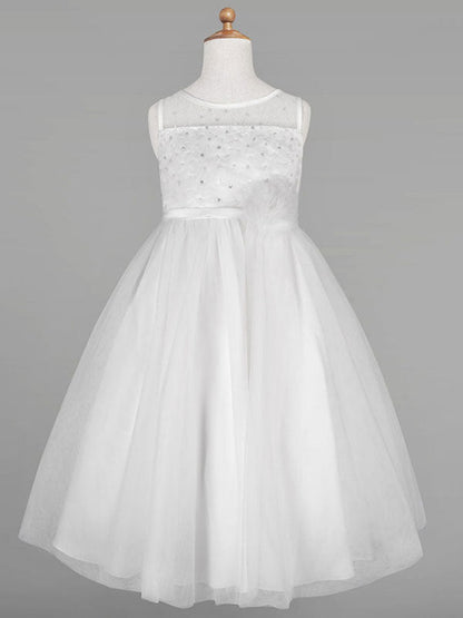 Ivory Tulle Jewel Neck Sleeveless A-Line Beaded Kids Social Party Dresses-showprettydress