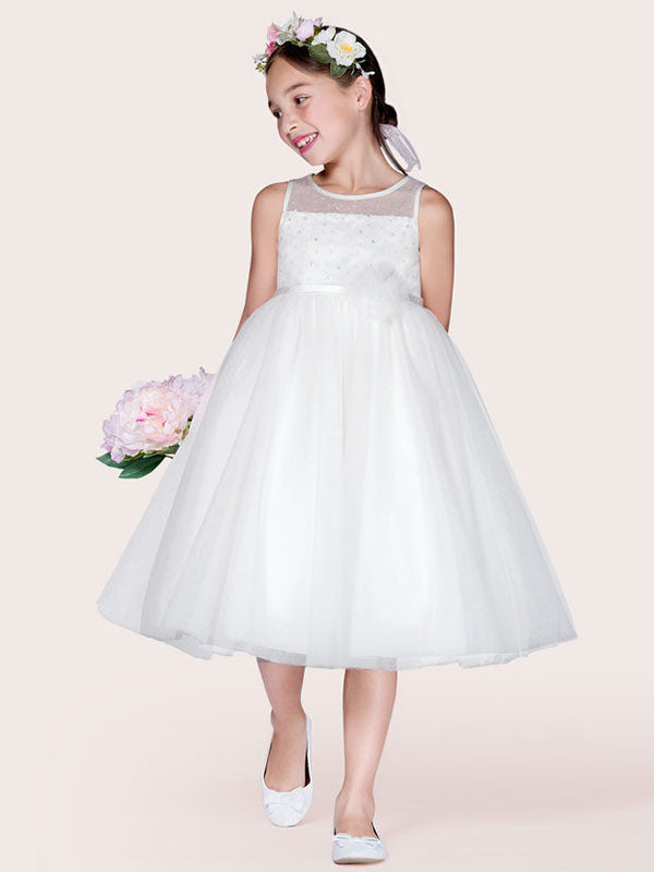 Ivory Tulle Jewel Neck Sleeveless A-Line Beaded Kids Social Party Dresses-showprettydress