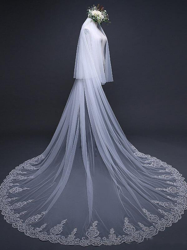 Roycebridal Ivory Tulle Lace Cathedral Veils with Blusher Drop Veil