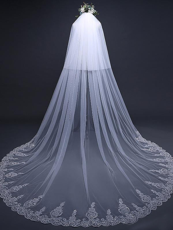 Roycebridal Ivory Tulle Lace Cathedral Veils with Blusher Drop Veil