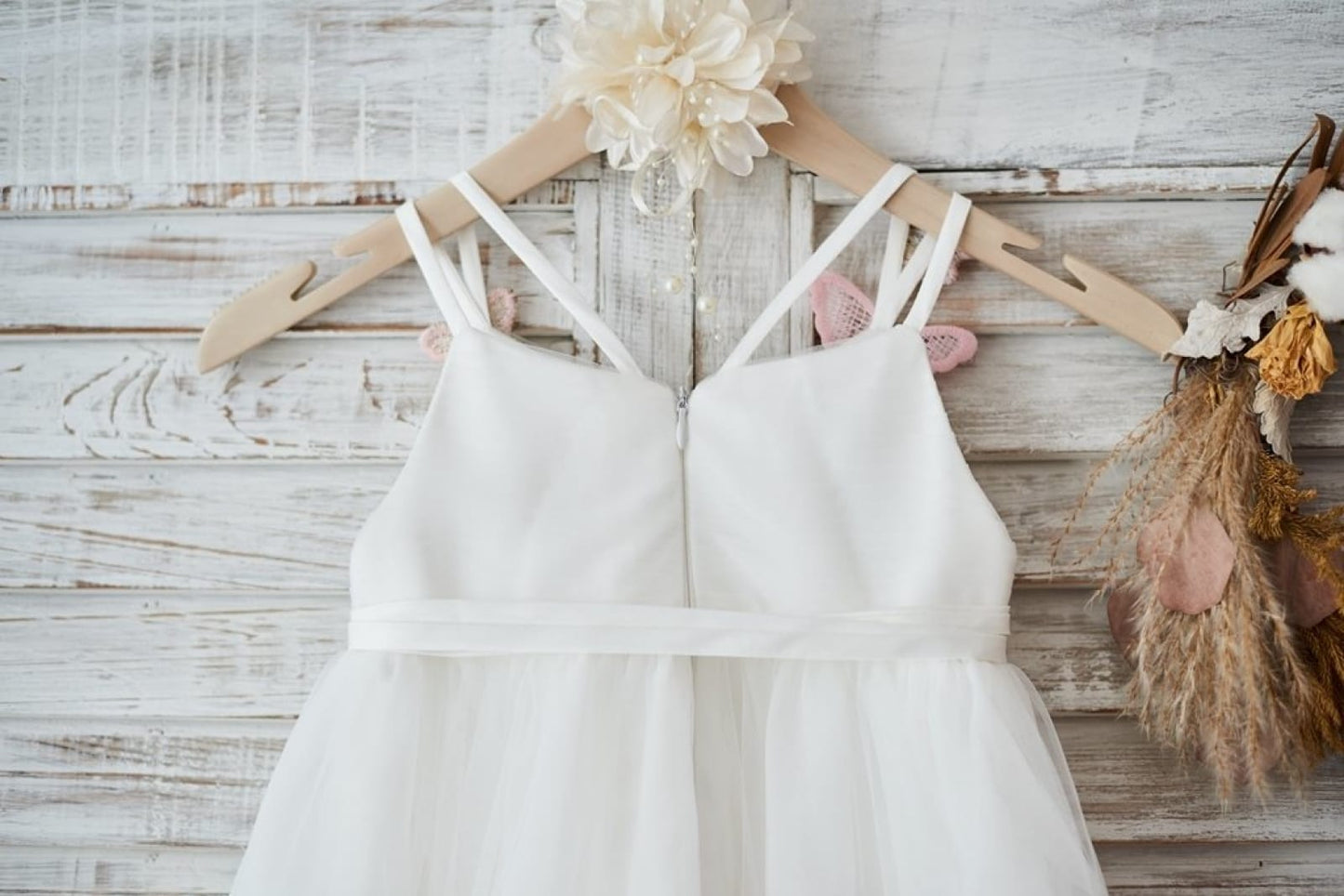 Ivory Tulle Spaghetti Straps Wedding Party Flower Girl Dress