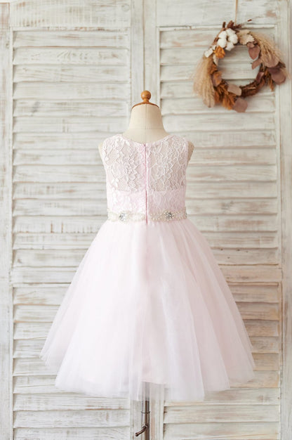 Ivory Lace Tulle Wedding Flower Girl Dress with Beaded Belt