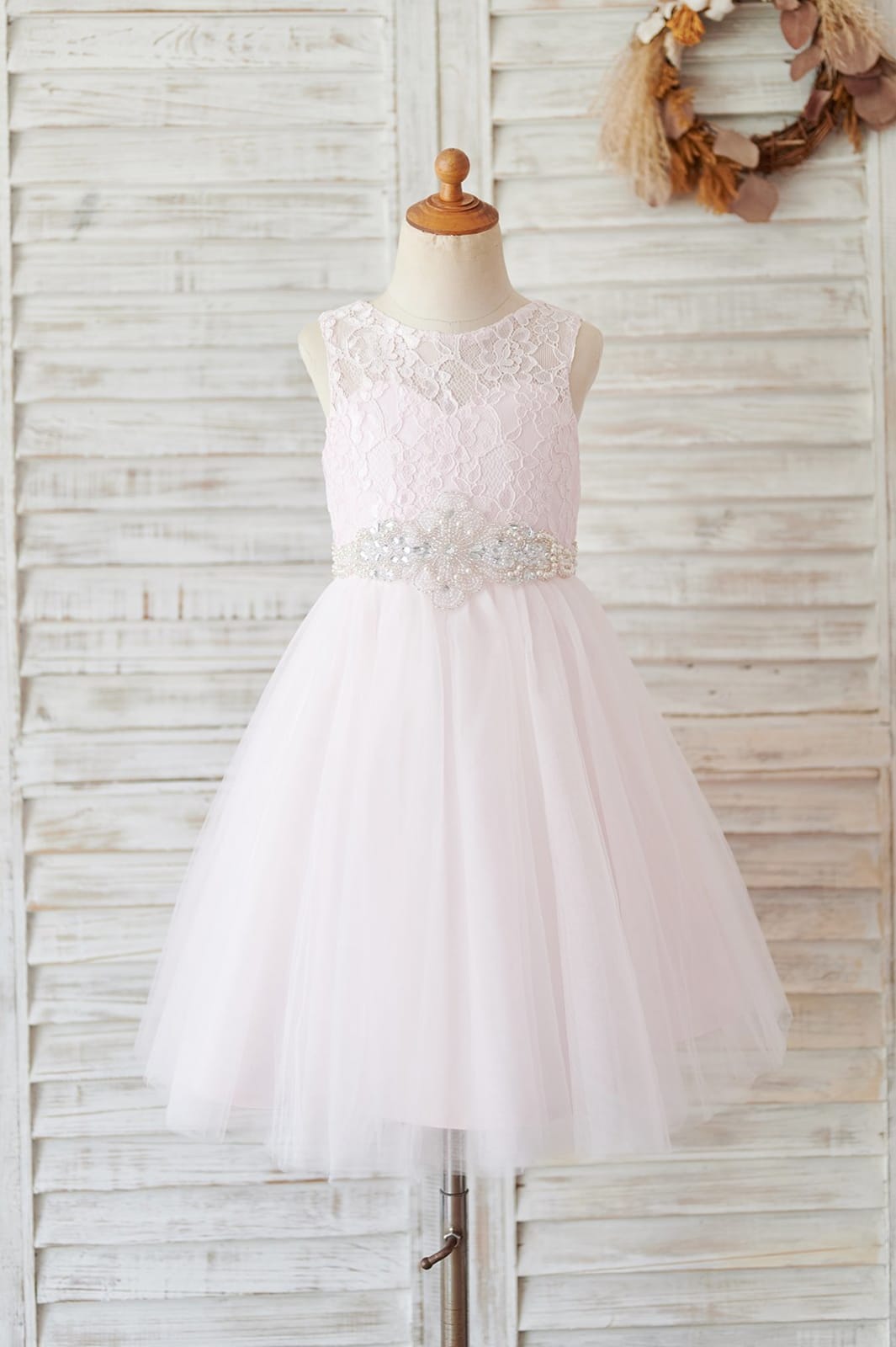 Ivory Lace Tulle Wedding Flower Girl Dress with Beaded Belt 