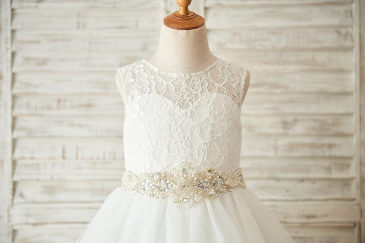 Ivory Lace Tulle Wedding Flower Girl Dress with Beaded Belt