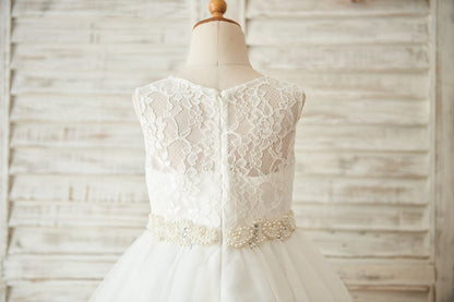 Ivory Lace Tulle Wedding Flower Girl Dress with Beaded Belt