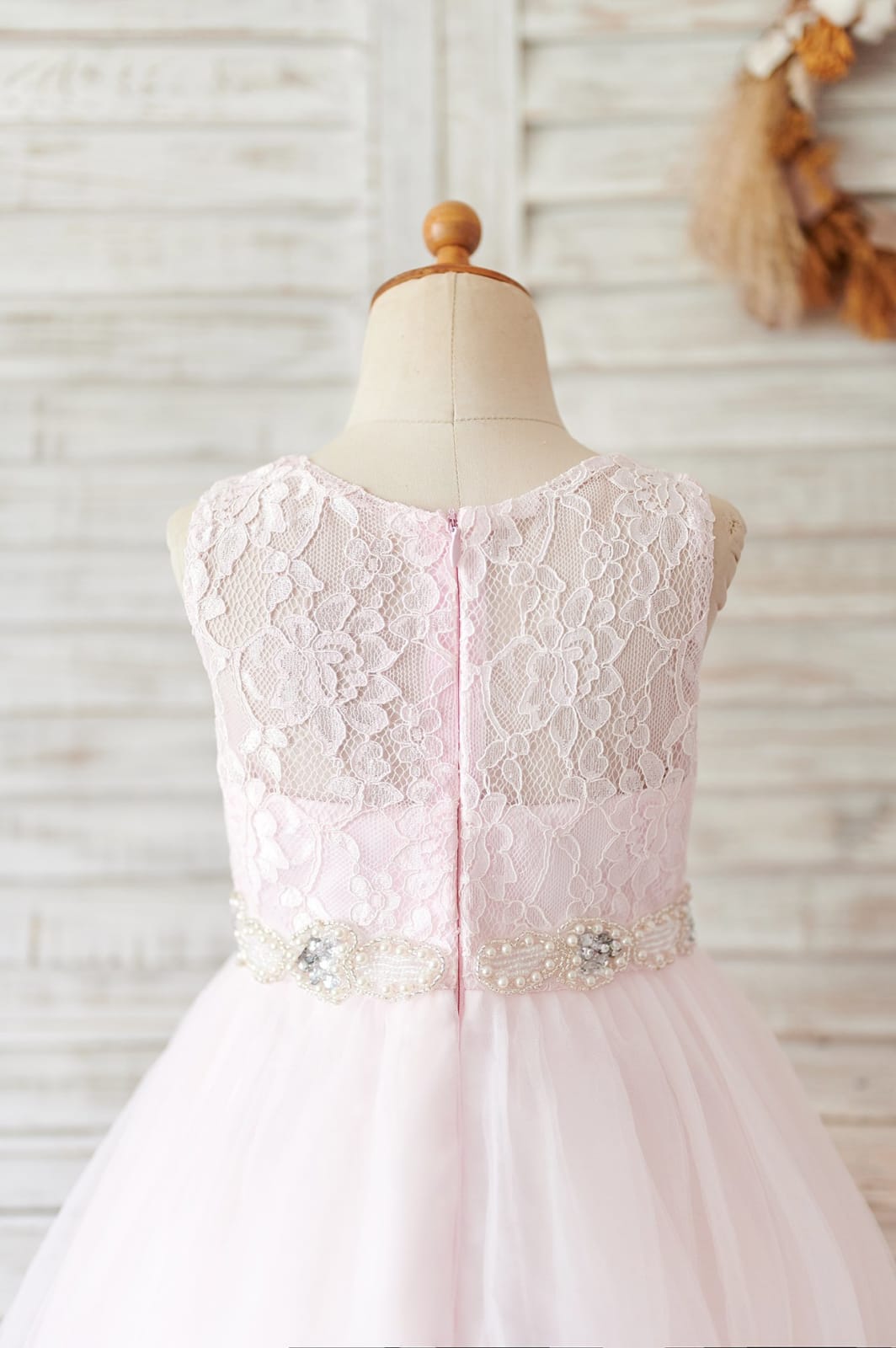 Ivory Lace Tulle Wedding Flower Girl Dress with Beaded Belt