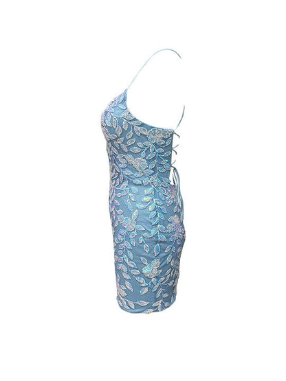 Bodycon V Neck Blue Lace Homecoming Dresses